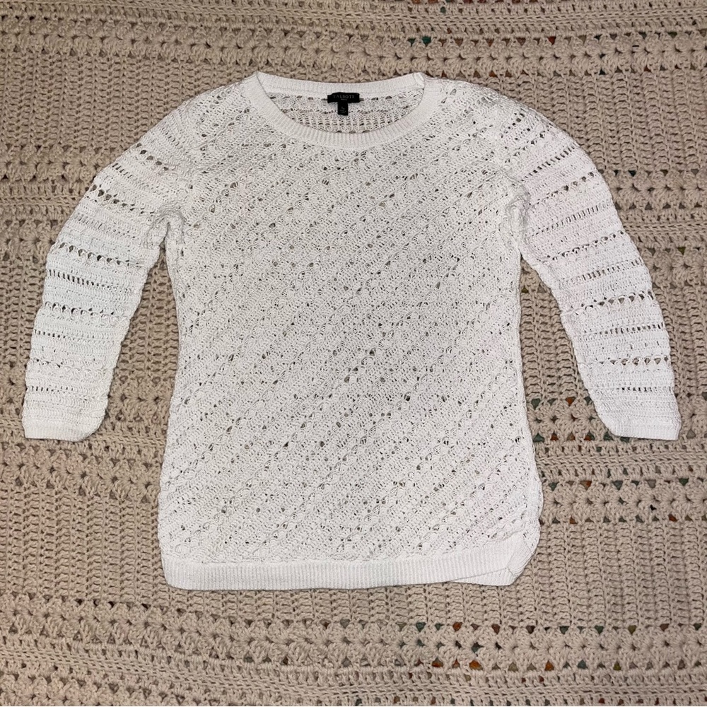 Talbots Lightweight Open Weave White 3/4 Sleeve Sweater Size Petite Small EUC